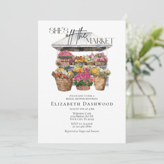 Ze is van de markt Floral Shop Vrijgezellenfeest Kaart (Staand voorkant)