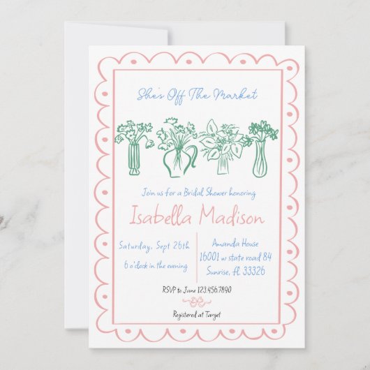 "Ze is van de markt" Hand getrokken Vrijgezellenfe Kaart (Voorkant)