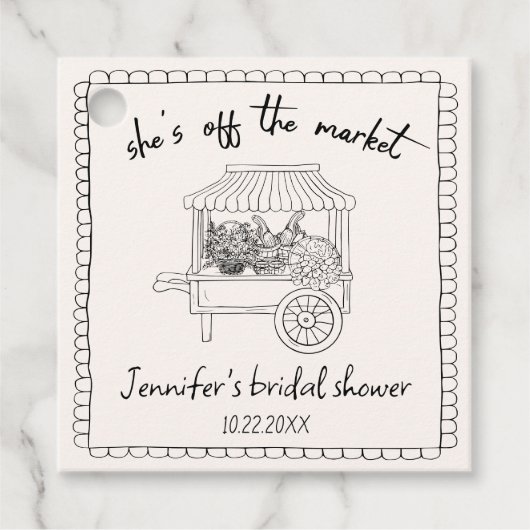 "Ze is van de markt" Handgetekende Bruidsdouche Bedankjes Labels (Voorkant)