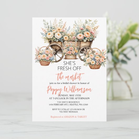 Ze is van de markt Shop Bruids Douche uitnodiging (Staand voorkant)