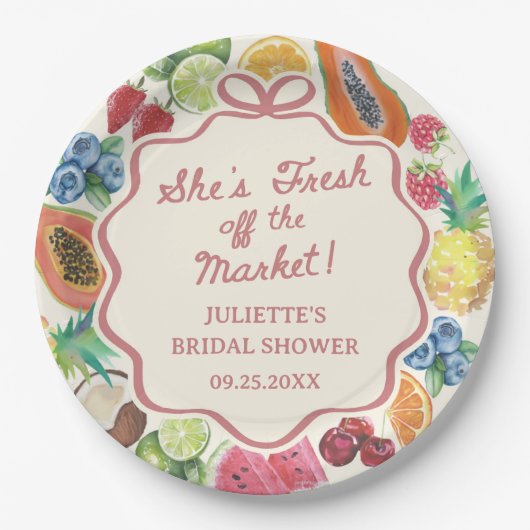 Ze is vers van de markt Fruit Bruiloftssalon Papieren Bordje (Voorkant)