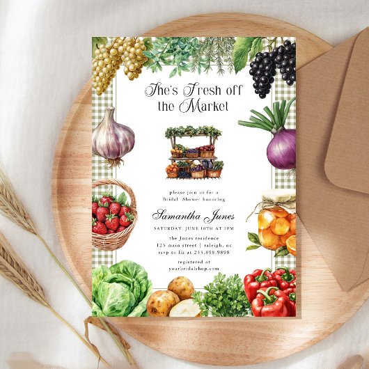 Ze is vers van de markt Gingham Bruidsborrel Kaart