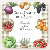 Ze is vers van de markt Gingham bruidsdouche Kartonnen Onderzetters (Voorkant)