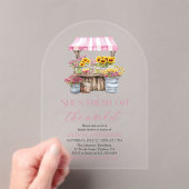 Ze is vers van de markt Vrijgezellenfeest gebogen Acryl Uitnodigingen (Insitu (Draagbaar))