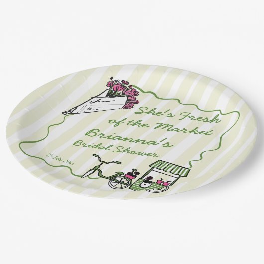 Ze is vers van de markt vrijgezellenfeest gewoonte papieren bordje (Gekanteld)