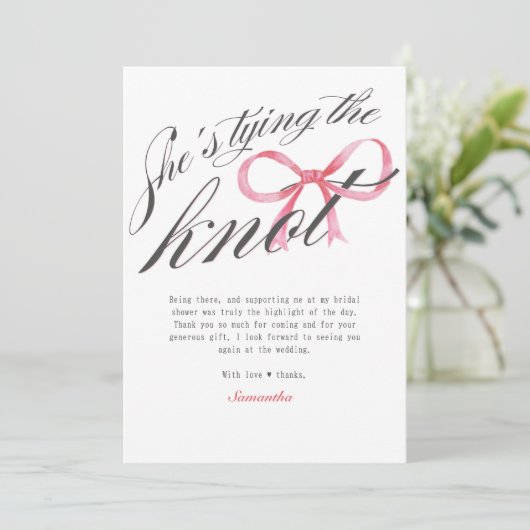 Ze Knoopt de Knoop Boog Coquette Bruidsontbijt Bedankkaart (Staand voorkant)
