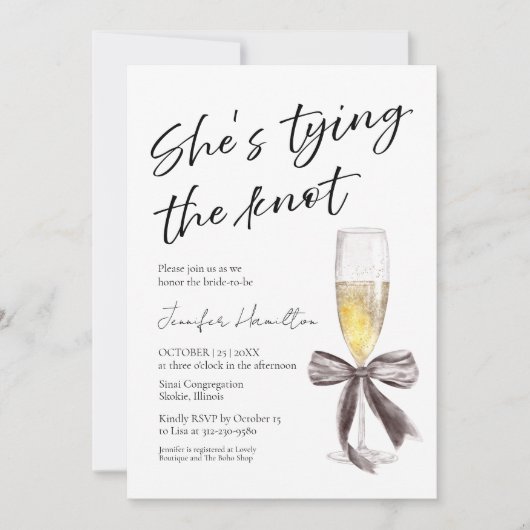 Ze knoopt de knoop door | Black Bow-Vrijgezellenfe Kaart (Voorkant)