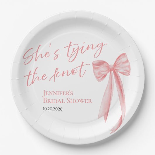 Ze knoopt de knoop door | Pink Bow-Vrijgezellenfee Papieren Bordje (Voorkant)