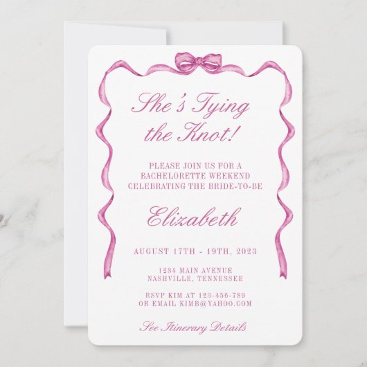 Ze Knoopt de Knoop Roze Boog Bachelorette Feestje Kaart (Voorkant)