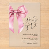 Ze knoopt het Pink Bow-Vrijgezellenfeest Acryl Uitnodigingen (Voorkant)
