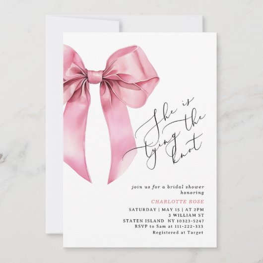 Ze knoopt het Pink Bow-Vrijgezellenfeest Kaart (Voorkant)