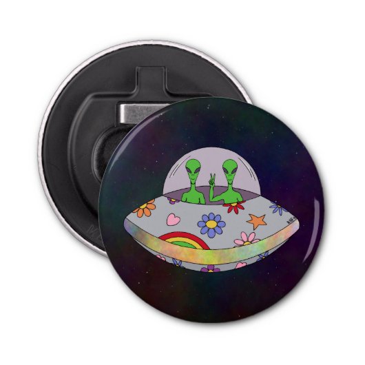 Ze komen in de Vrede UFO Button Flesopener (Voorkant)