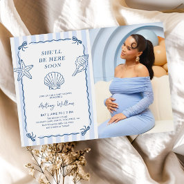 Ze komt snel hier Schelp Baby Shower Foto Kaart