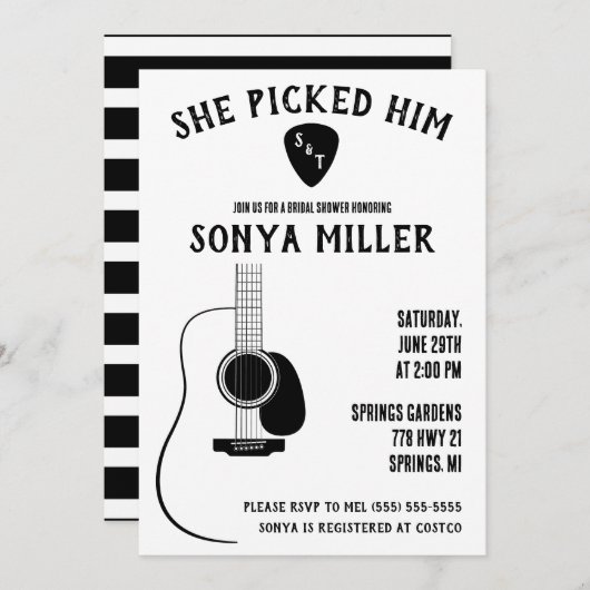 Ze koos hem! Gitaar en pick Vrijgezellenfeest Kaart (Voorkant / Achterkant)