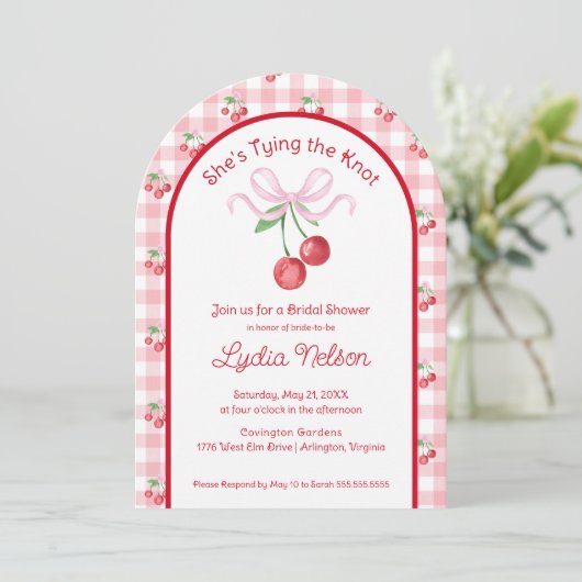 Ze Krijgt de Knoop Coquette Kers Bruiloft Kaart (Staand voorkant)