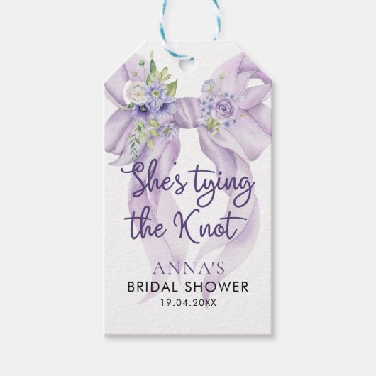 Ze Krijgt de Knoop Door Bruidsfeest Lilac Lint  Cadeaulabel (Voorkant)