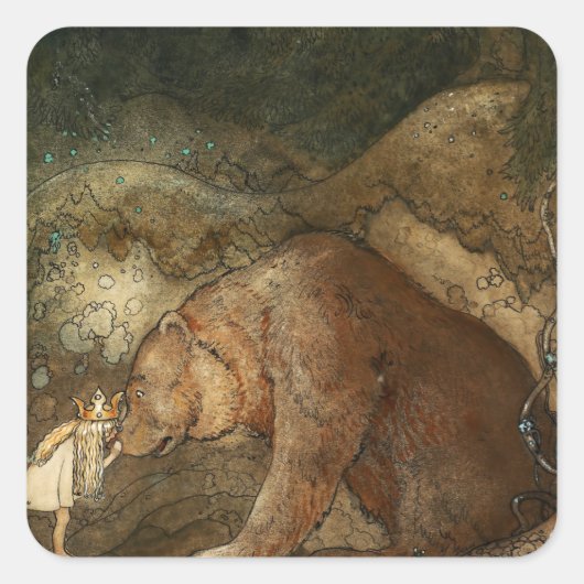 “Ze kuste de beer” door John Bauer Vierkante Sticker (Voorkant)