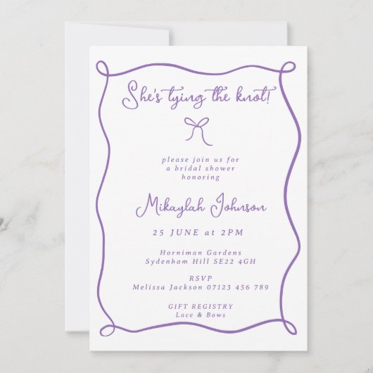 Ze legt de knoop Lila boog Vrijgezellenfeest vast Kaart (Voorkant)