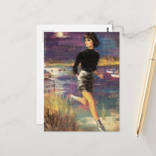 Ze loopt op het strand Retro Briefkaart (Voorkant / Achterkant in situ)