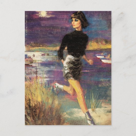 Ze loopt op het strand Retro Briefkaart (Voorkant)
