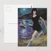 Ze rent op het strand in een zwarte jurk Retro Briefkaart (Voorkant / Achterkant)