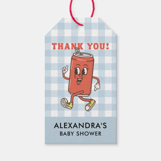 Ze staat op springen Dank je blauwe Gingham Cadeaulabel (Voorkant)