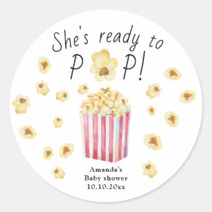 Ze staat op springen Waterverf Popcorn Baby Shower Ronde Sticker