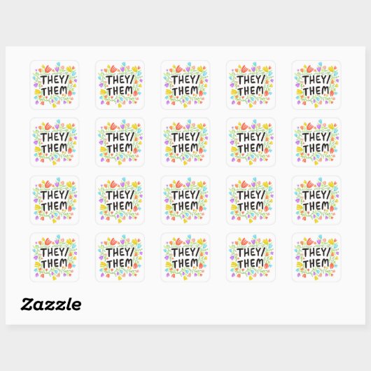 ZE /THEM Pronouns Floral Handlettering Set van Vierkante Sticker (Vel)