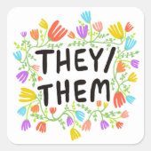 ZE /THEM Pronouns Floral Handlettering Set van Vierkante Sticker (Voorkant)