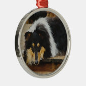 Ze wacht op Tri Color Collie Metalen Ornament (Rechts)