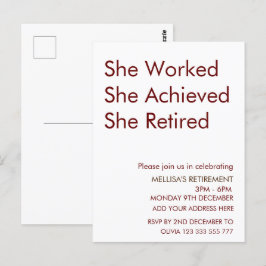 Ze werkte en bereikte haar pensioen briefkaart