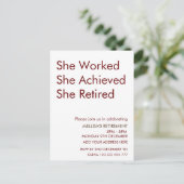 Ze werkte en bereikte haar pensioen briefkaart (Staand voorkant)