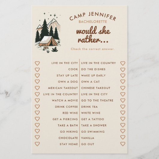 Ze wil liever kamperen Bachelorette Party Game Flyer (Voorkant)