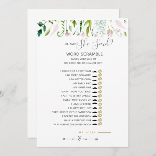 Ze zei dat games Baby shower grijs/geel Kaart (Voorkant / Achterkant)