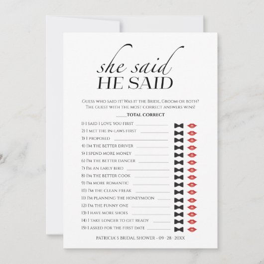 Ze zei dat hij Minimalis Vrijgezellenfeest Game Ka Kaart (Voorkant)