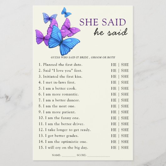 Ze zei dat hij Vrijgezellenfeest Game Butterfly ze Flyer (Voorkant)