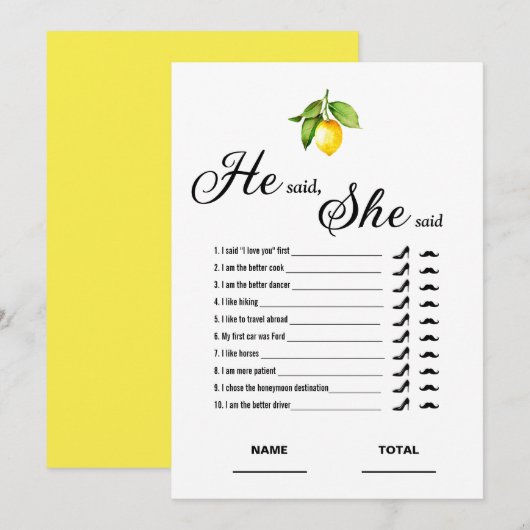 Ze zei dat ze Vrijgezellenfeest Game Lemon Kaart z (Voorkant / Achterkant)