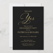 Ze zei ja, Black Gold Script Engagement Party Kaart (Voorkant)