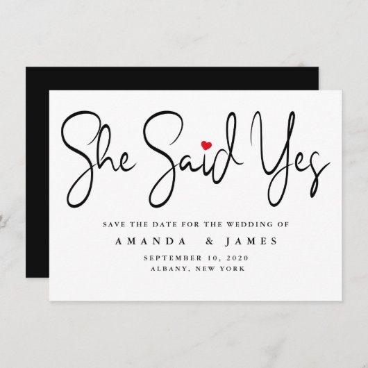 Ze zei ja eenvoudige minimalistische zwarte script save the date (Voorkant / Achterkant)