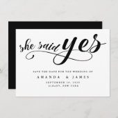 Ze zei ja eenvoudige minimalistische zwarte script save the date (Voorkant / Achterkant)