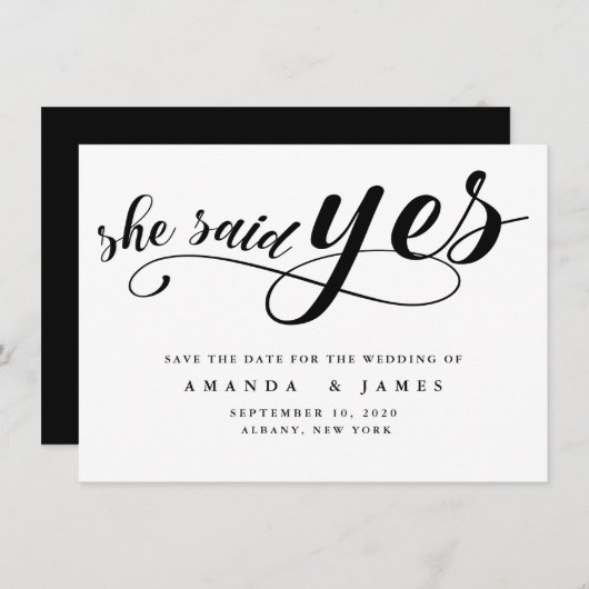 Ze zei ja eenvoudige minimalistische zwarte script save the date (Voorkant / Achterkant)