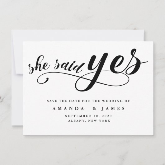 Ze zei ja eenvoudige minimalistische zwarte script save the date (Voorkant)