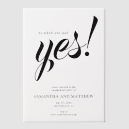Ze zei ja, eenvoudige verlovingsfeest vellum uitnodigingen