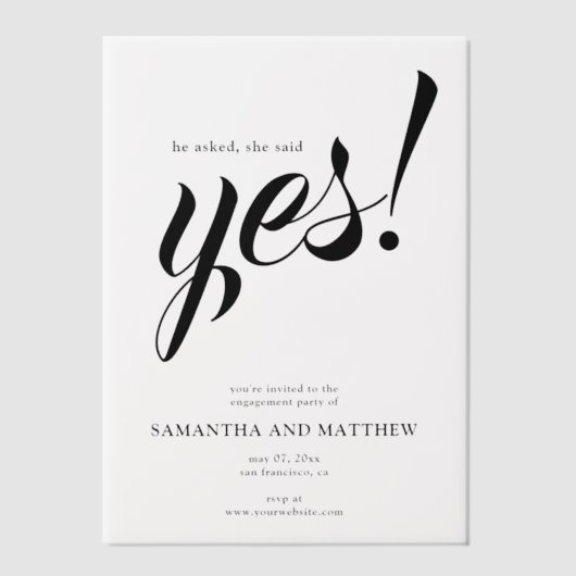 Ze zei ja, eenvoudige verlovingsfeest vellum uitnodigingen (Voorkant)