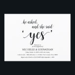 Ze zei ja, Engagement Party nodigt uit Kaart<br><div class="desc">Hij vroeg,  zei ze ja,  Engagement Party Invitation card. Het feest van de verlofpartij plannen met de te worden Bride en de te worden Groom? Nodig de gasten met deze perfecte Uitnodigingskaart uit. Voeg je gegevens toe in het overeenkomende zwarte lettertype/lettertype.

#TeeshaDerrick</div>