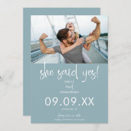 Ze zei ja Foto Modern Script Dusty Blue White Save The Date