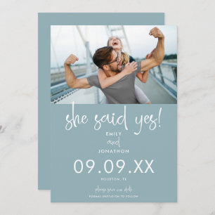 Ze zei ja Foto Modern Script Dusty Blue White Save The Date