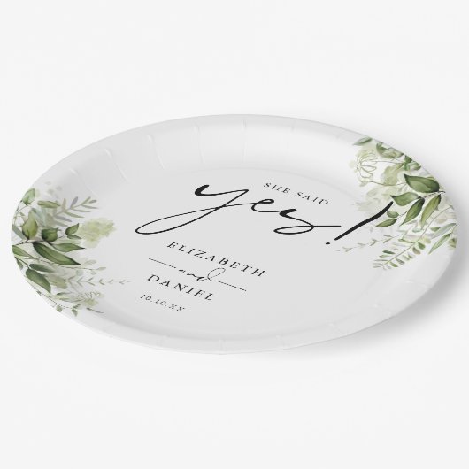 Ze zei ja groen bloemstuk verlovingsfeestje papieren bordje (Gekanteld)