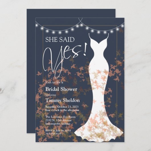 Ze zei ja Herfst Blauwe Bridal Uitnodiging (Voorkant / Achterkant)