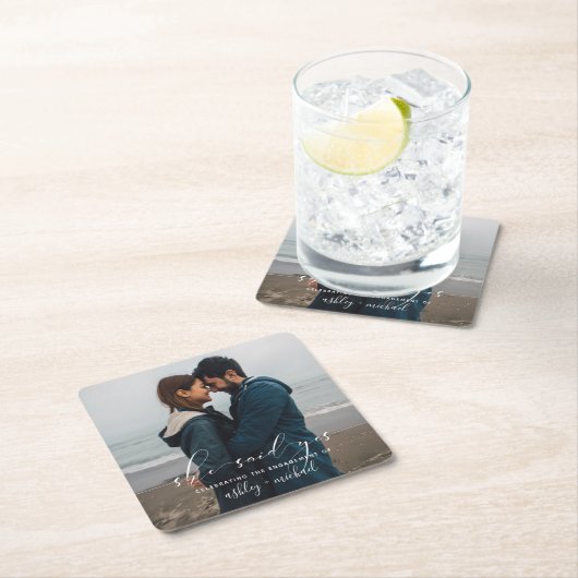 Ze zei ja kalligrafie verlovingsfeestfoto kartonnen onderzetters (Insitu)